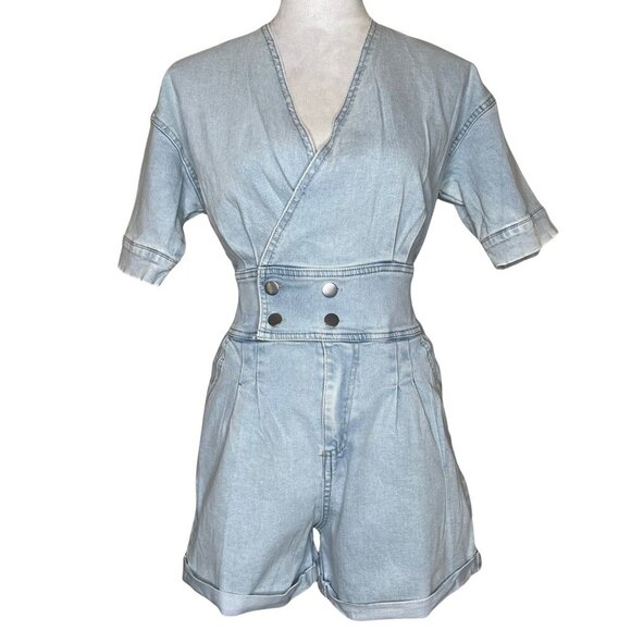 Coco Ceee Pants - Coco Ceee Blue Denim Romper Button Accent with Pockets Romper Size Med Going Out